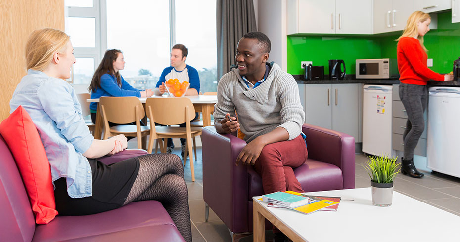 A group of students chat in their UCD accommodation living room.