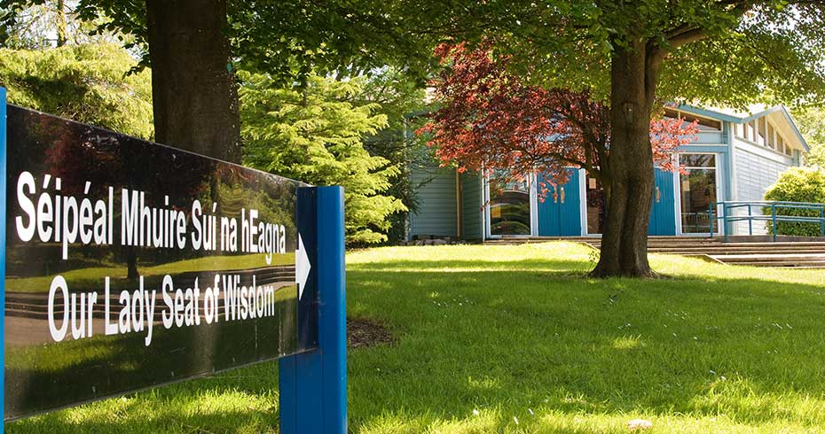 An exterior shot of the UCD campus church, Our Lady Seat of Wisdom.
